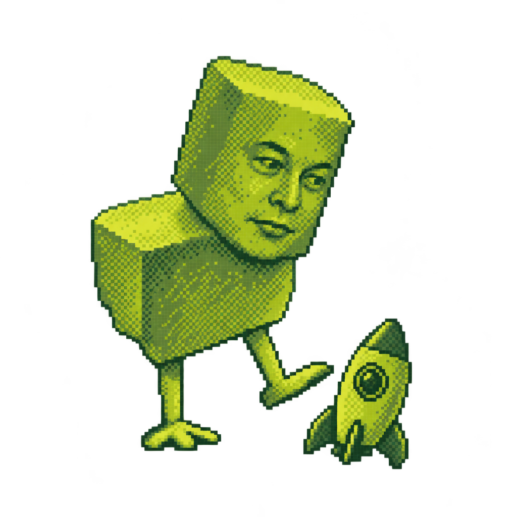 ChickELON beside a small rocket on the grass