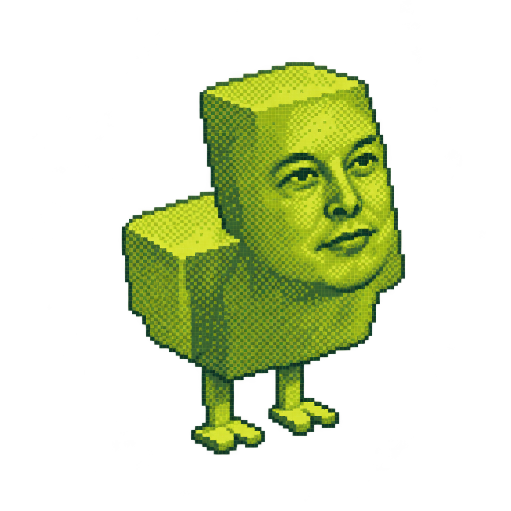 Full body cutout of ChickELON, cubic chicken body with an Elon Musk face