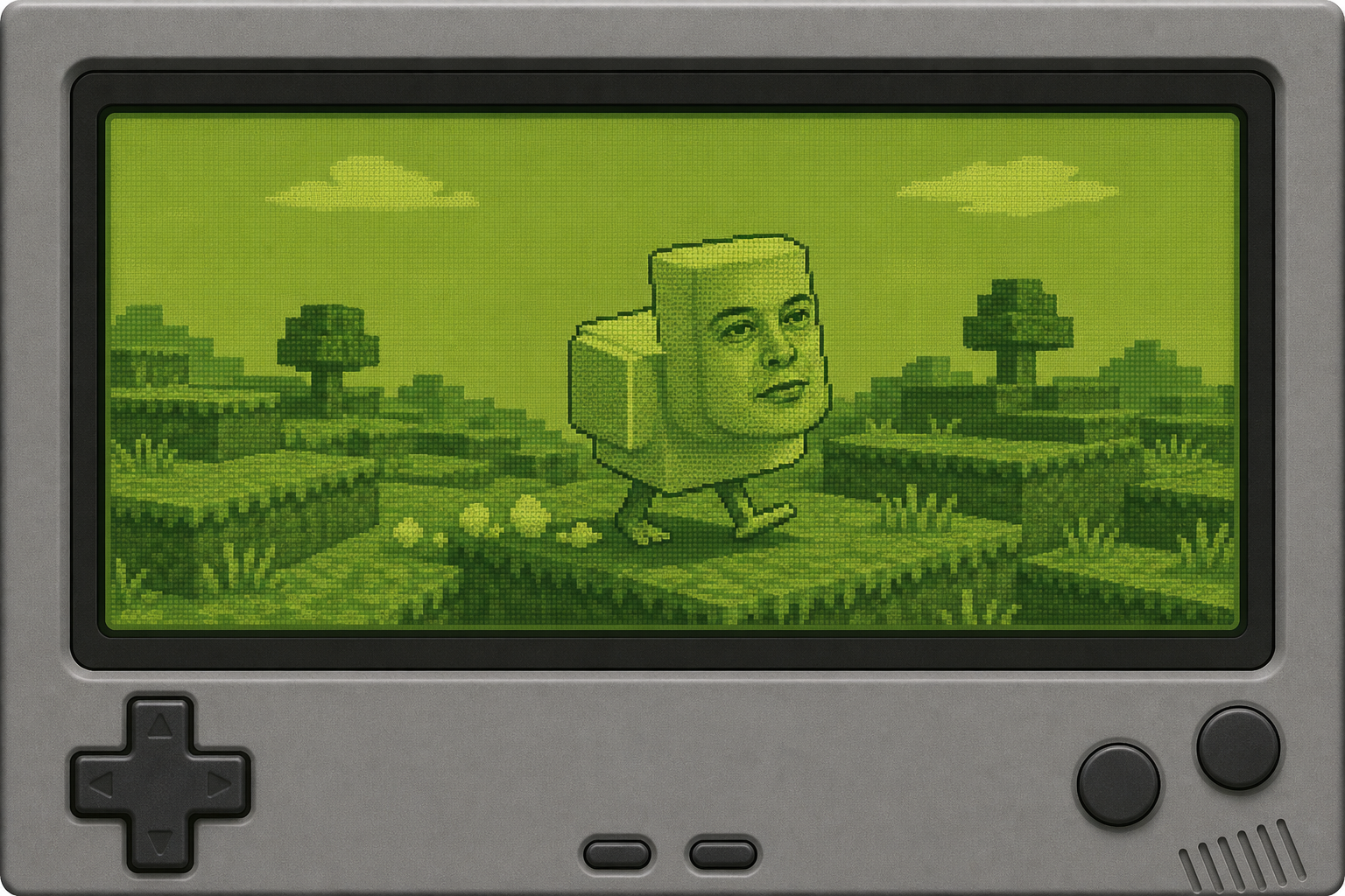 ChickELON walking across a strip of floating grass platforms with trees, viewed on a handheld game screen